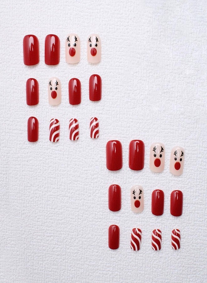 OCOUYVD Christmas Short Square Press on Nails Winter Xmas Red and White Stripe Reindeer Designs Pink Glossy False Nail Full Cover Christmas Acrylic Stick on Nails for Women Nail Art DIY 24 Pcs - Image 3
